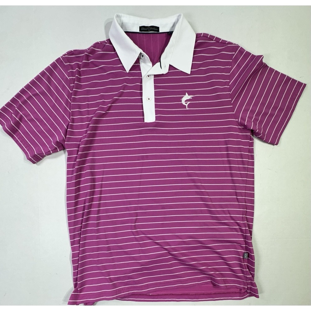 Miami Marlins Polo Shirt L Pink White Striped Supima Bamboo MLB Golf Marlin